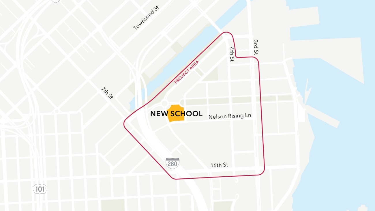 Map of the project study area, bounded by 7th St, 16th St, 3rd St, and Channel St