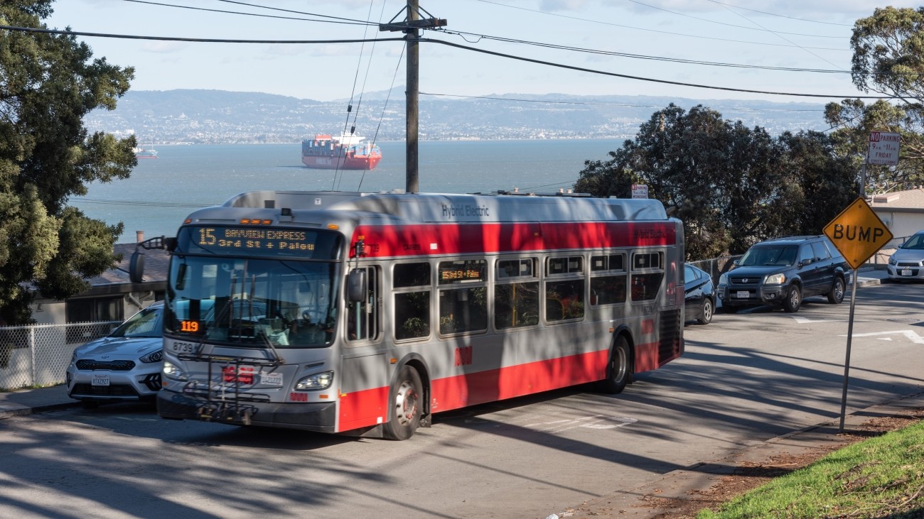 15 Bayview Express bus along road with waterfront in background