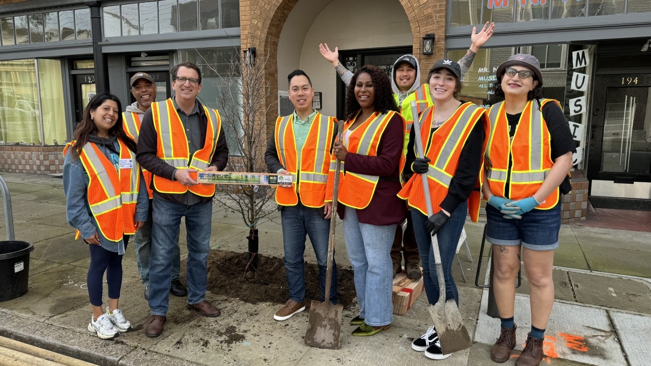 Commissioner Preston and community members wearing orange safety vests posting with shovels by a newly planted young tree in the sidewalk