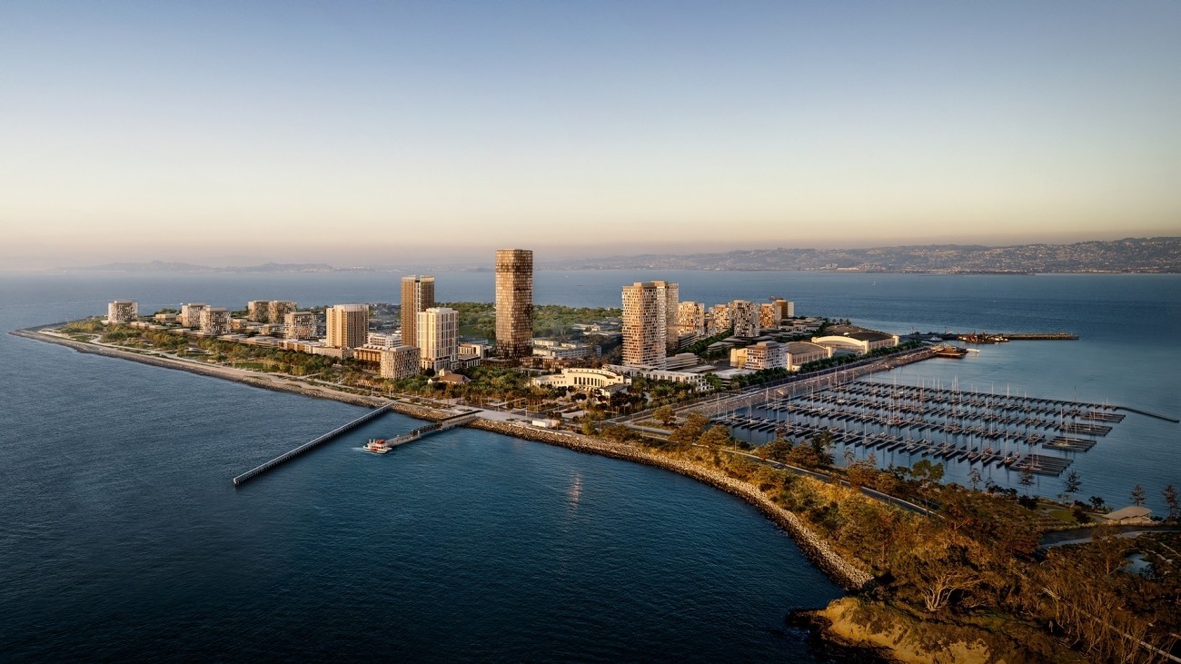 Rendered image of an island with buildings and a port in the nearby lagoon. There is a ferry pulling up to a dock in the foreground.