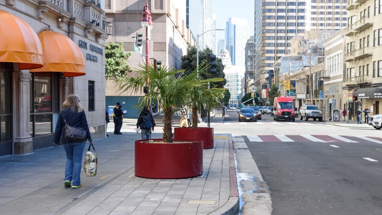 New planters on the sidewalk for the Safer Taylor Street project