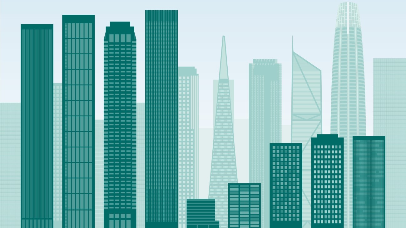 An illistration of Downtown San Francisco. the high-rise buildings bear a distinct resemblance to one of the graphs in this report.