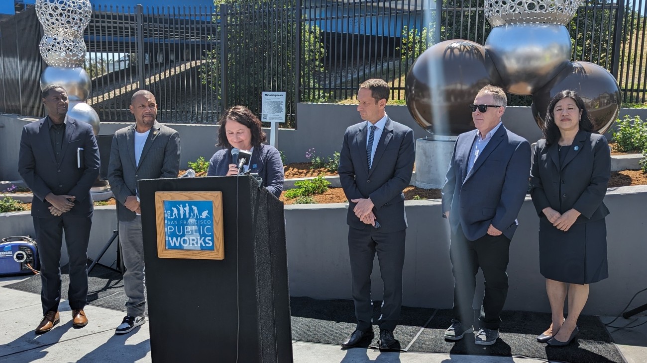 A speaker at a podium at the Potrero Gateway ribbon cutting