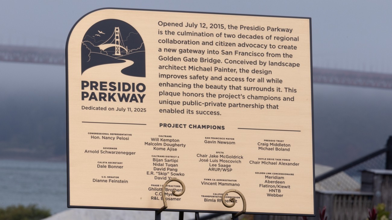 Gold plaque to commemorate 10 years of the Presidio Parkway