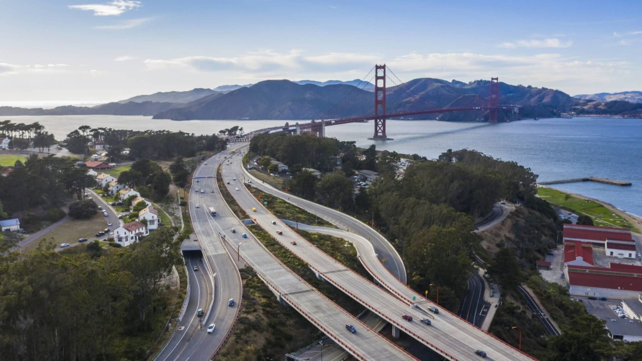 View of the Golden Gate Bridge and Presidio Parkway and road