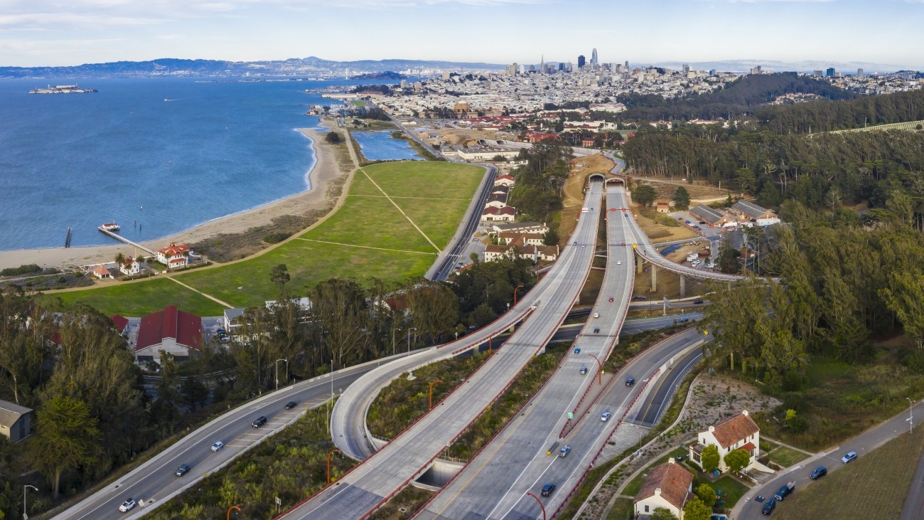 Aerial shot of Presidio Parkway looking East
