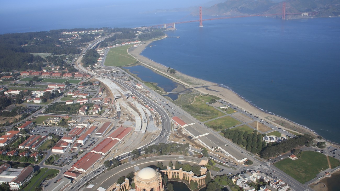Presidio Parkway aerial with Golden Gate Bridge in background