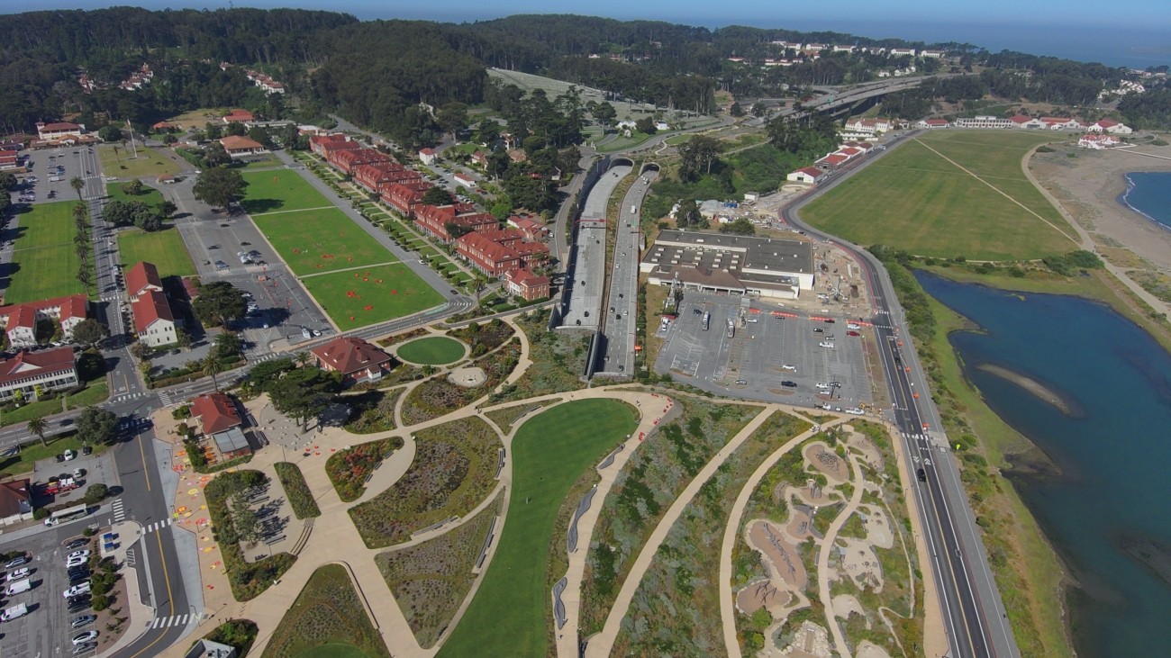 Presidio Parkway aerial shot looking west