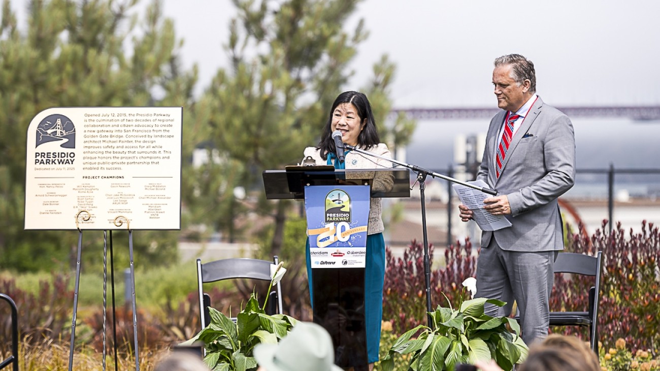 SFCTA Director Tilly Chang speaking at podium