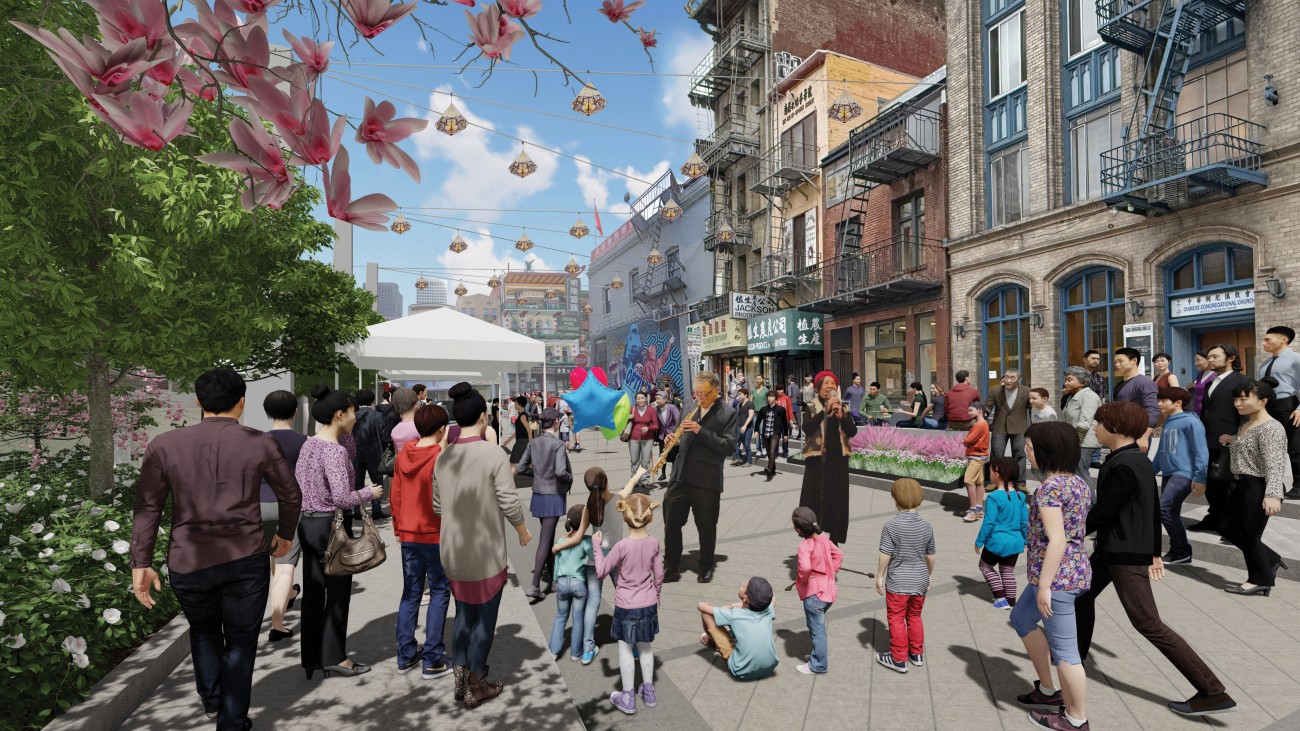 Rendering of Walter U Lum Place closed to traffic for an event