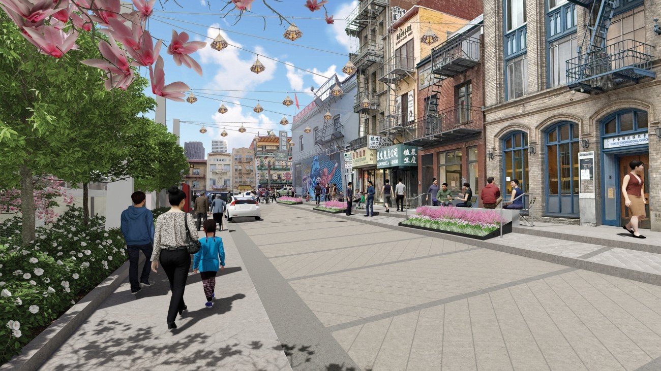 Rendering of Walter U Lum Place open to traffic