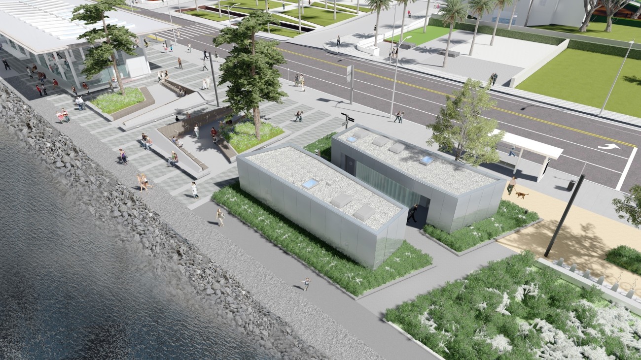 A rendering of the new restrooms to be built near the Treasure Island Ferry Terminal.