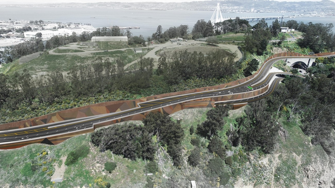 Rendering of the new West Side Bridges, connecting Treasure Island Road to Hillcrest Road and the Bay Bridge