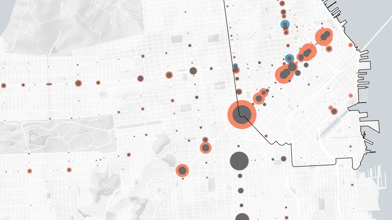 A close crop of a map showing change in Muni bus ridership from the Downtown Travel Study report