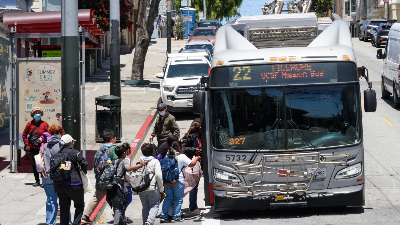 School children entering the bus on Fillmore Street