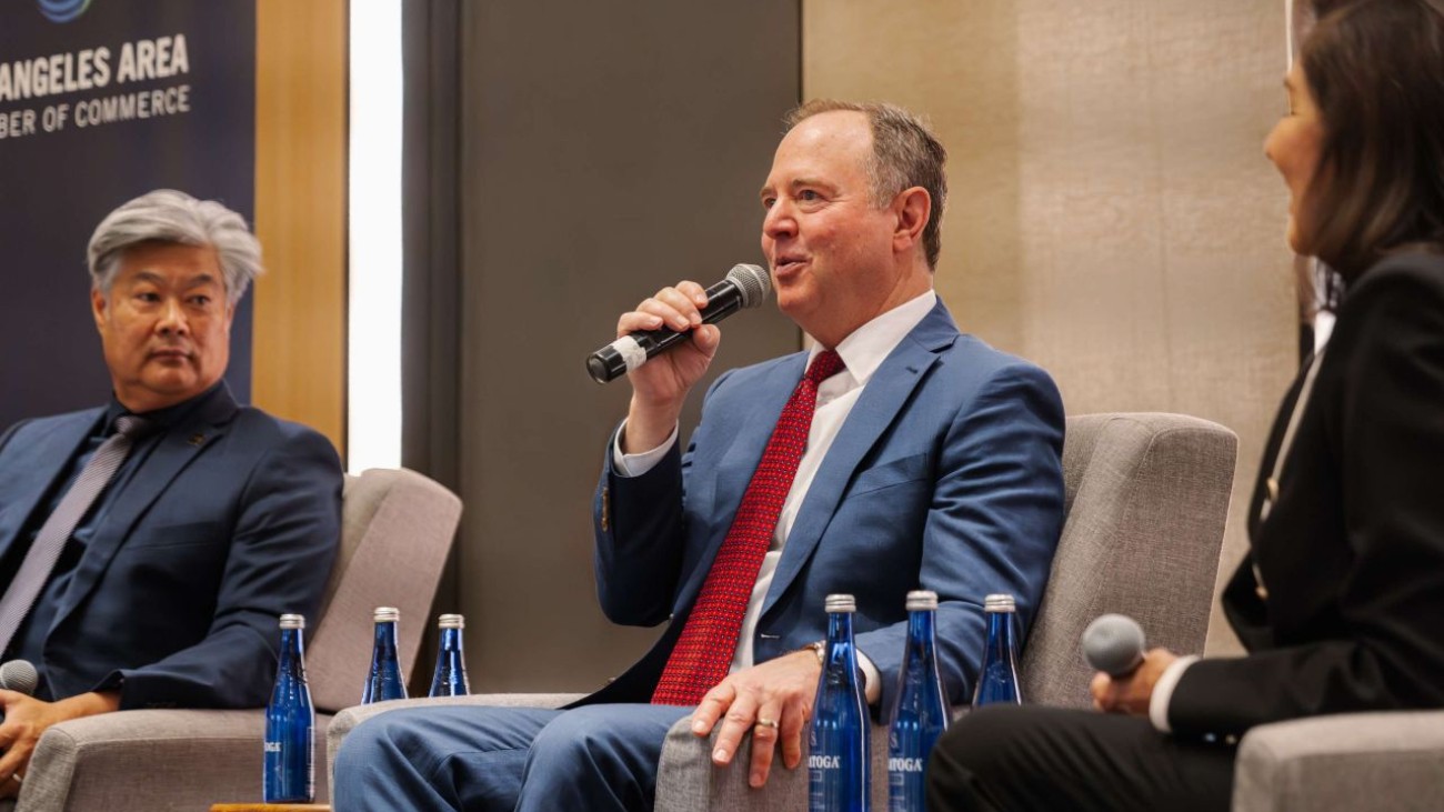 Senator Adam Schiff speaking to the delegation 