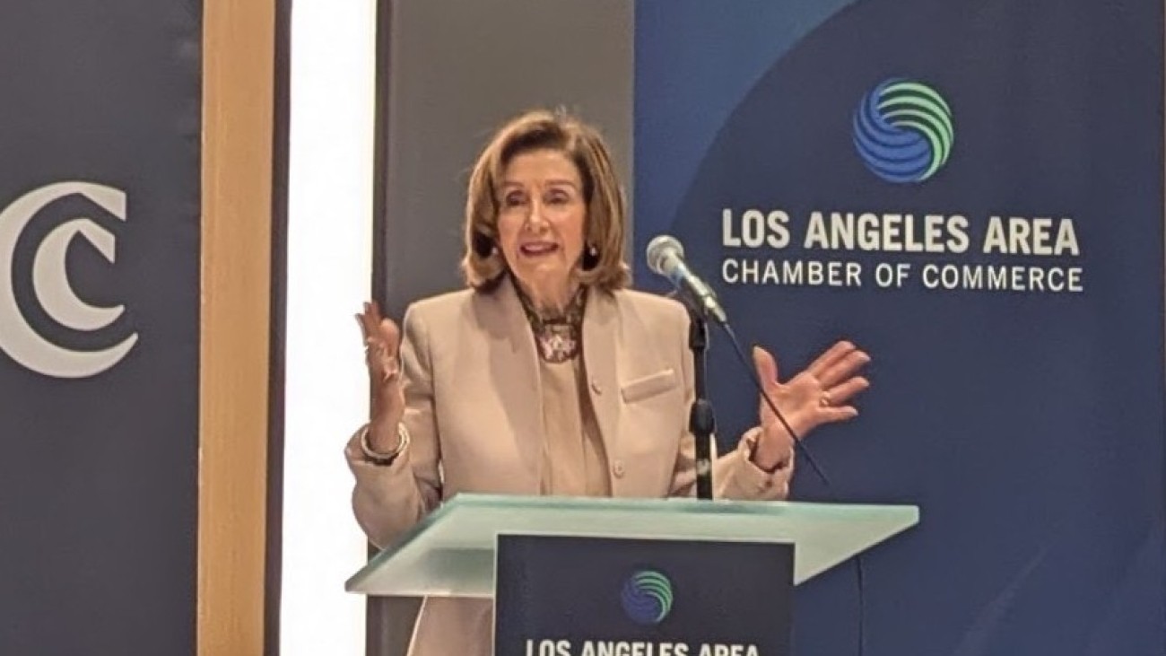 Speaker Emerita Pelosi speaking to the delegation.