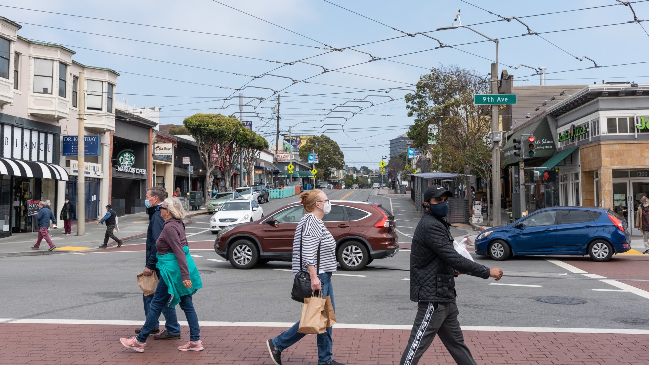 People crossing the street at 9th and Irving 
