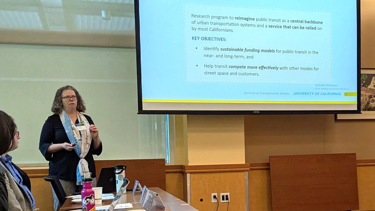 UC Davis Transit Center Director Kari Watkins presenting