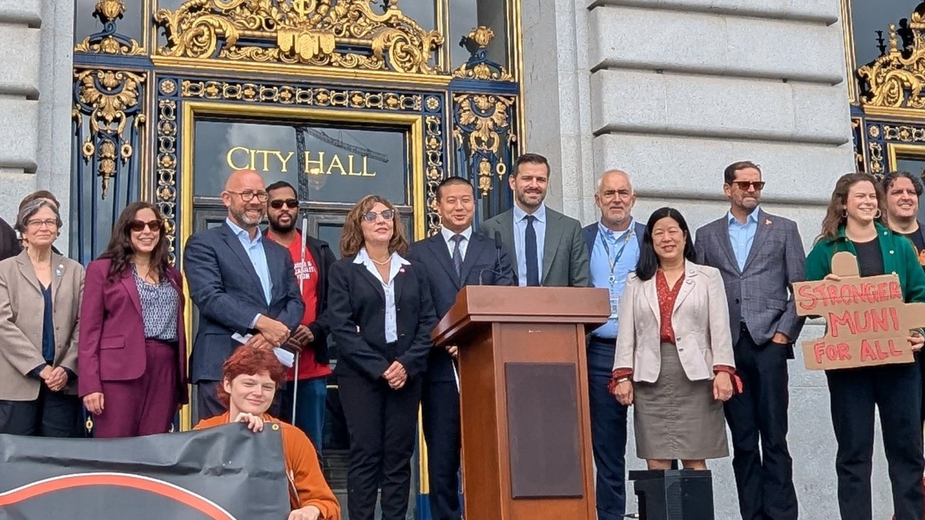 Transit Month rally at City Hall 2026