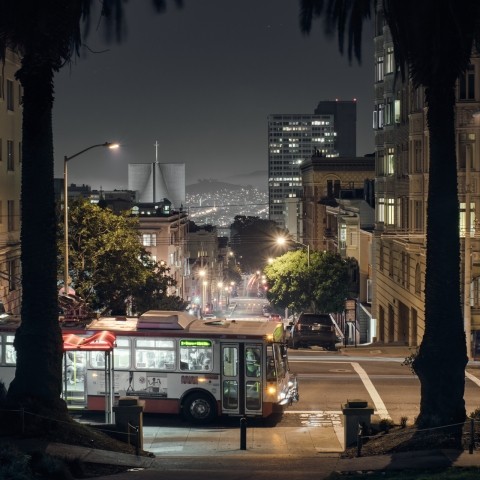 A muni bus operating at night