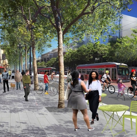 A rendering of the Better Market Street project, with people socializing on a wide sidewalk with people biking and several Muni buses traveling on the street
