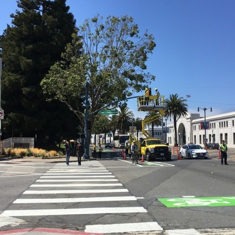 A crosswalk and bike lane with an improved paint job