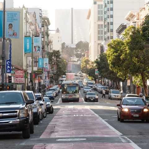 View looking down a transit-only lane in the Tenderloin District