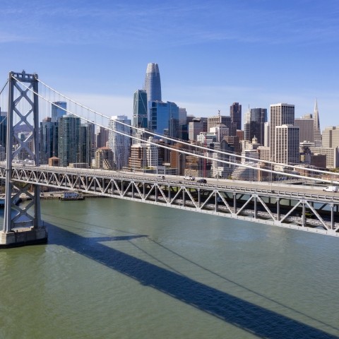 View overlooking the Bay Bridge with the San Francisco skyline in the background.