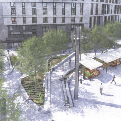 Artist rendering of tiered plaza with a path, trees and seating, beside housing units