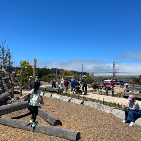 Children on play structure and people walking on path