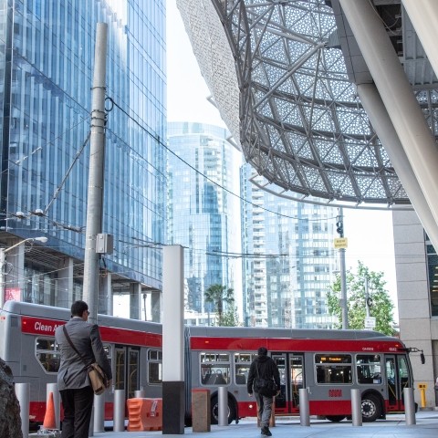 Muni bus pulling into transit center