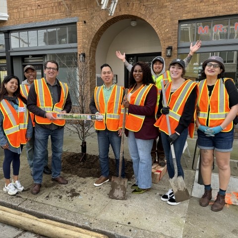 Commissioner Preston and community members wearing orange safety vests posting with shovels by a newly planted young tree in the sidewalk