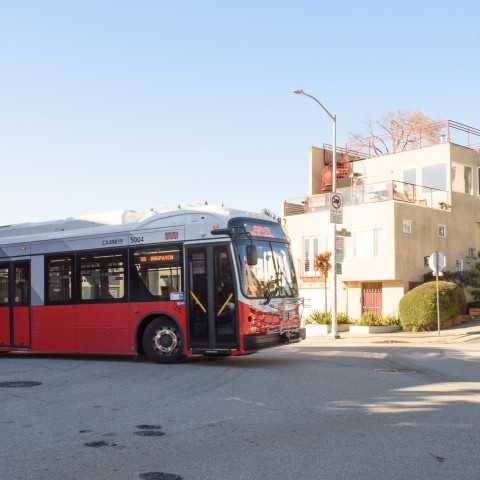 A battery electric Muni vehicle on the road