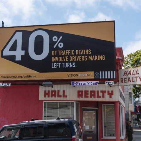 A Vision Zero advertisement that says 40% of traffic deaths involve drivers making left turns 