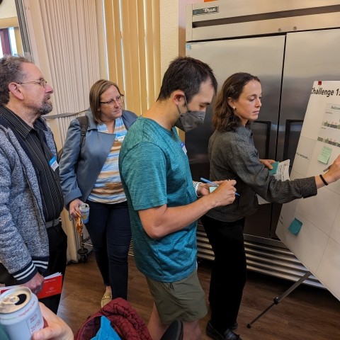 Community members standing in front of a board with project information