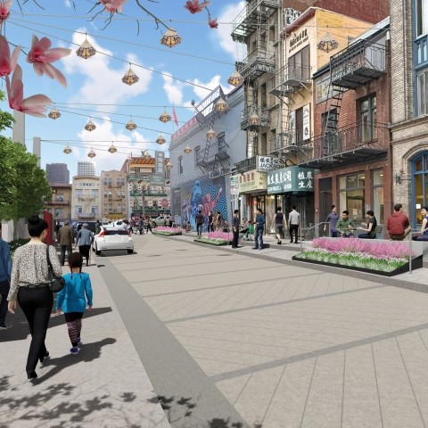 Rendering of Walter U Lum Place open to traffic