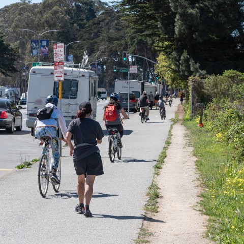 People walking and bicycling near Lake Merced