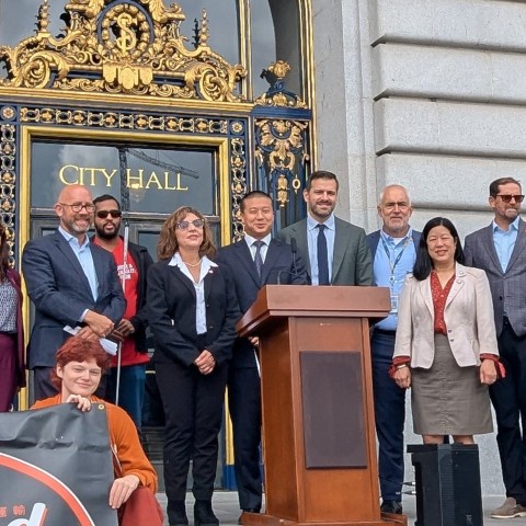 Transit Month rally at City Hall 2026