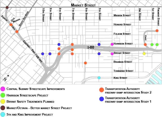 A map labeling all 22 freeway ramp intersections in SoMa