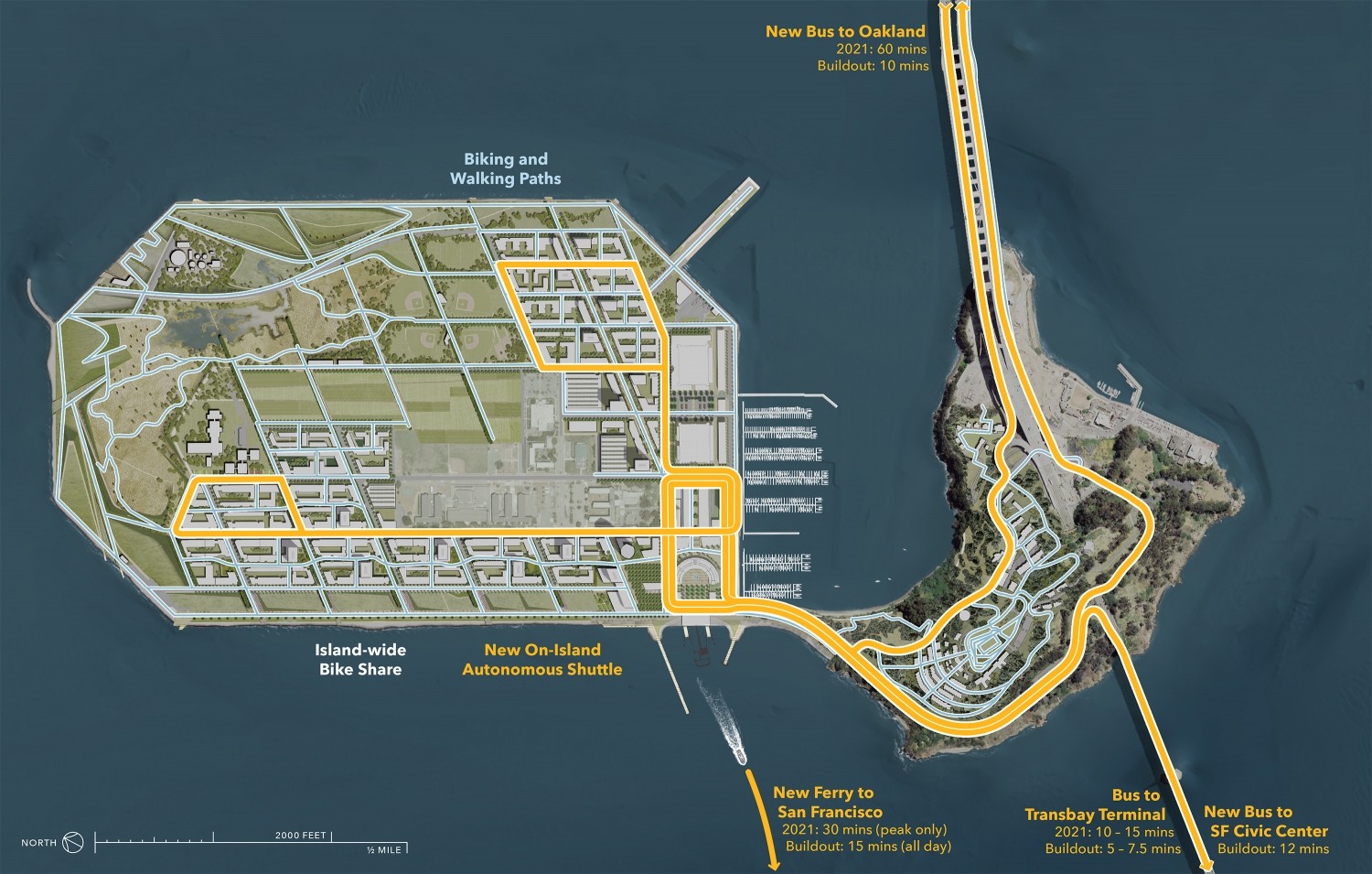 A map of the transit benefits coming to Treasure Island, including a new ferry, increased Muni service, and AC Transit service to Oakland