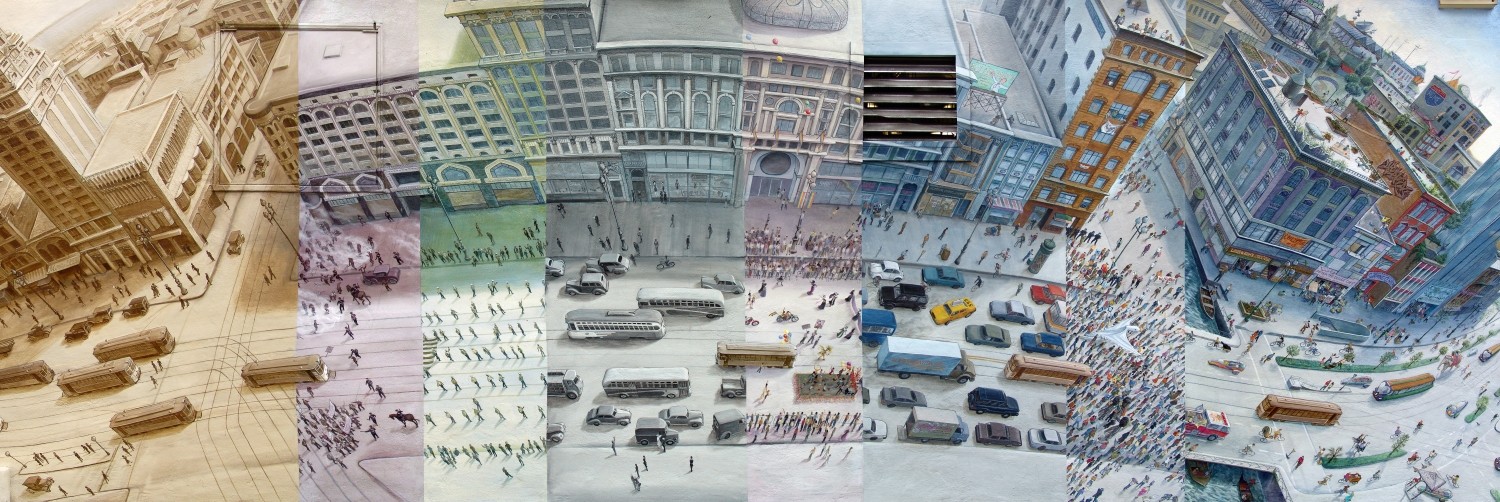 The Market Street Railway mural shows a 180-degree bird's eye view of San Francisco's Market Street through time, divided vertically into sections corresponding to different moments in history from the 1920's onwards and into an imaginary future. 