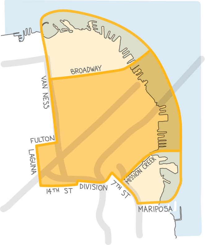 The potential boundary runs along Van Ness, Fulton, Laguna, 14th St, Division St, Townsend St, 7th St, and Mariposa St