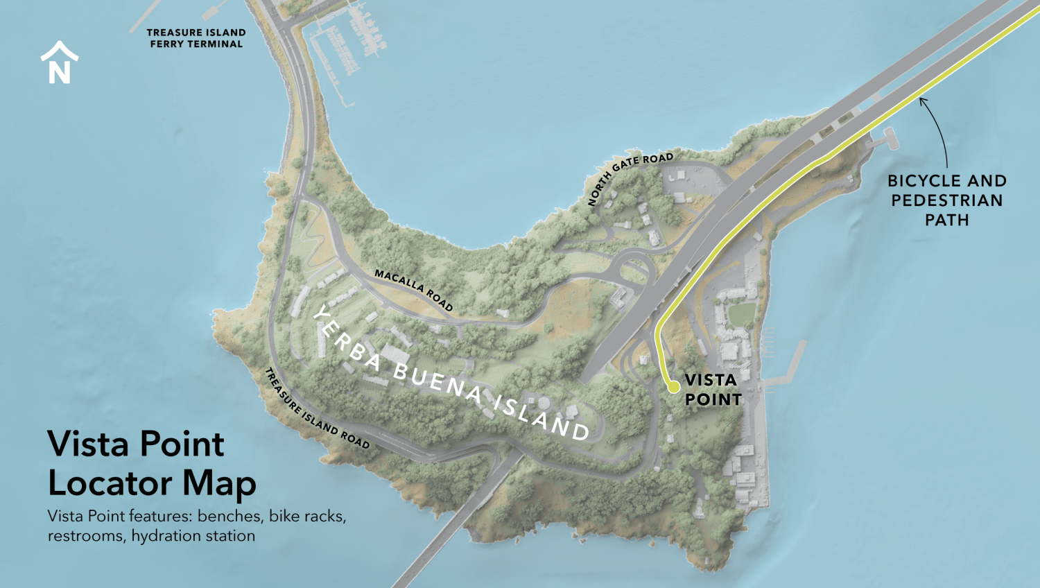 Map of Yerba Buena Island with north pointing up, titled "Vista Point Locator Map; Vista Point features: benches, bike racks, restrooms, hydration station." A green line labeled "Bicycle and Pedestrian Path" runs along the south side of the Bay Bridge east span to Vista Point, just south of where the bike/pedestrian path touches down on the island.