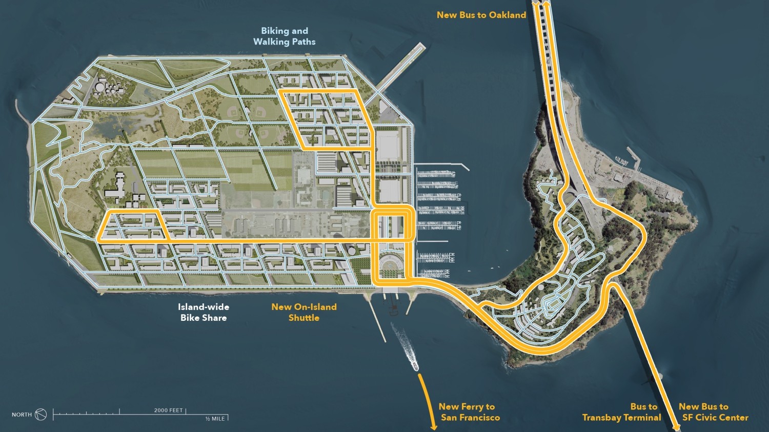 A map showing future transportation improvements on Treasure Island and Yerba Buena Island, including walking and biking paths throughout the islands, a shuttle on Treasure Island, ferry service to Downtown San Francisco from a new terminal on Treasure Island, new bus service between the new ferry terminal and Downtown Oakland, new bus service between the new ferry terminal and San Francisco Civic Center, and improved bus service between the new ferry terminal and the Salesforce Transit Center.