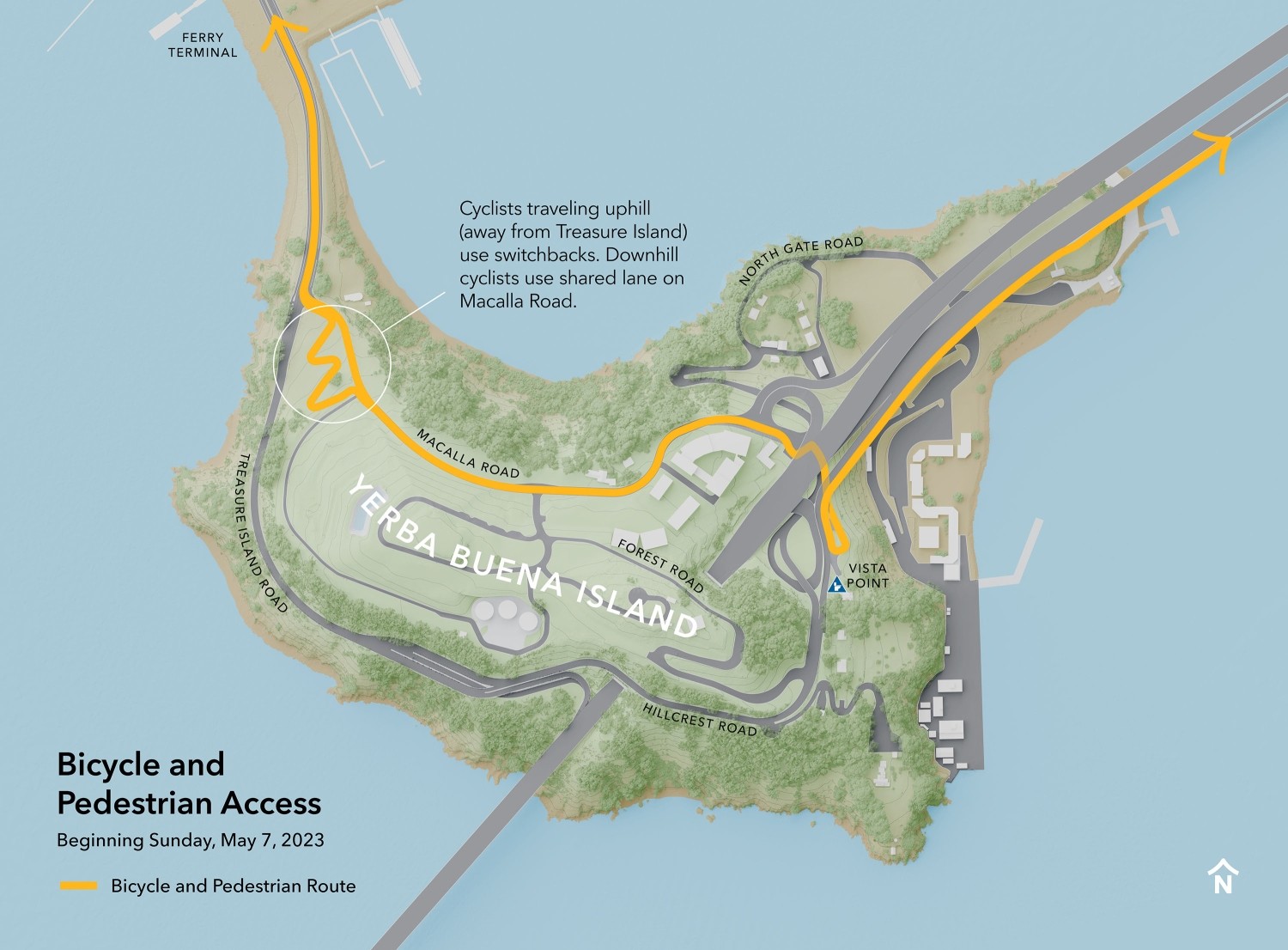 A map of Yerba Buena Island, with north pointing up, showing the bicycle and pedestrian route between Treasure Island and the Bay Bridge.