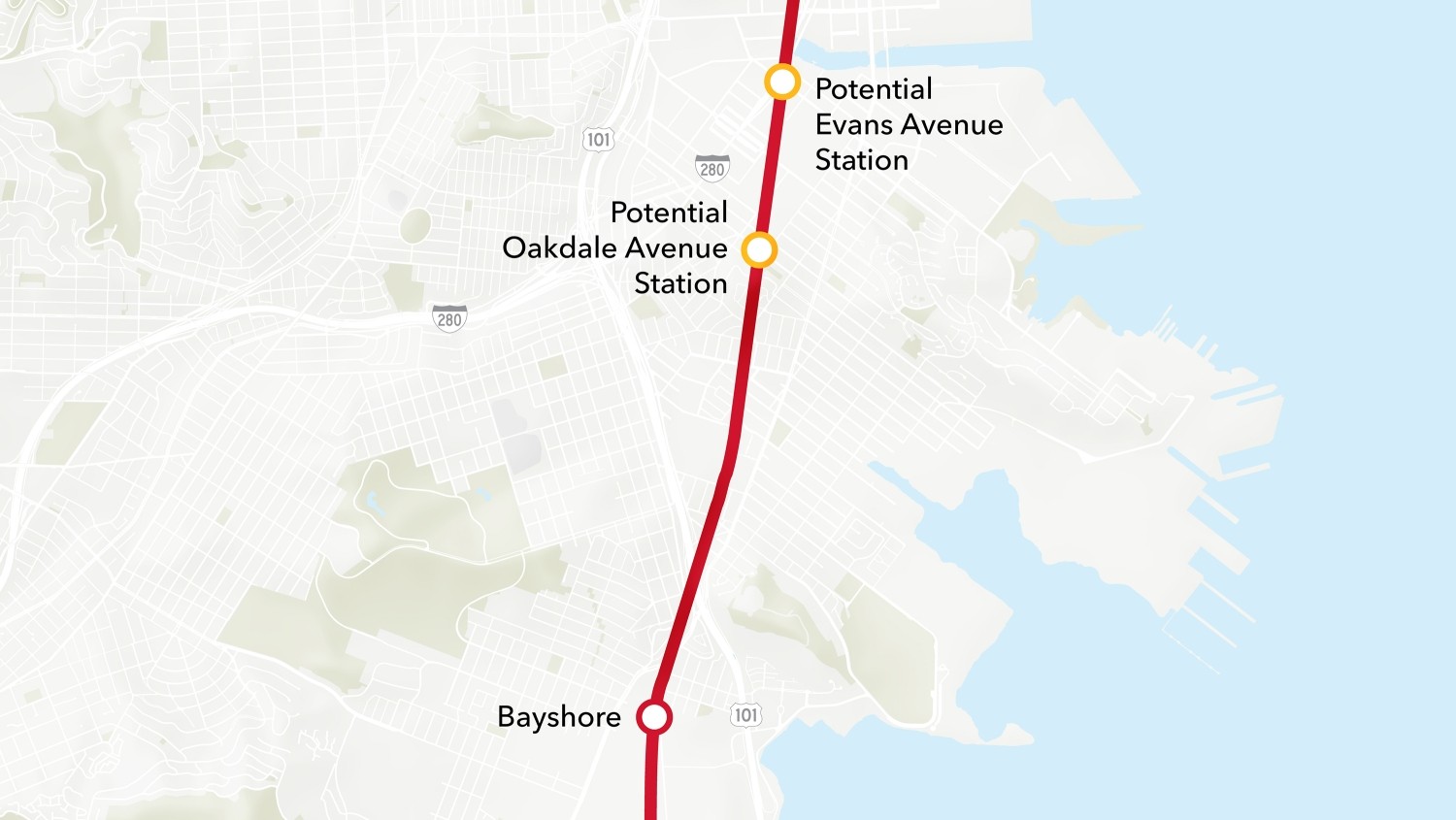 Map of Caltrain stations in the Bayview, showing the existing Bayshore station, as well as new potential stations at Evans Avenue and Oakdale Avenue.