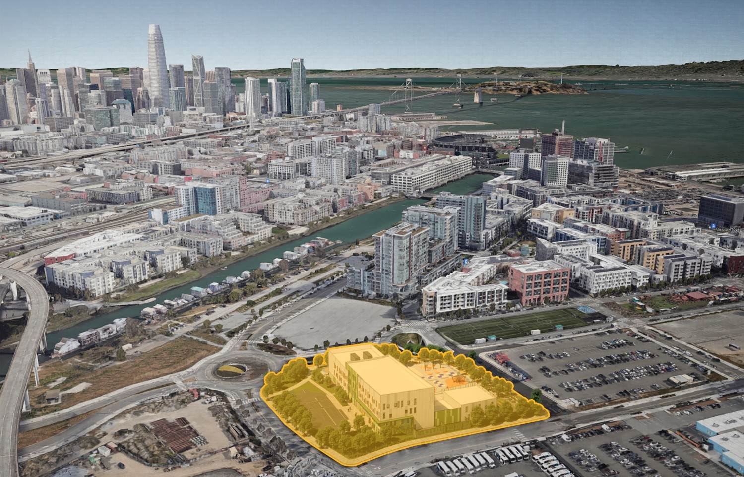 Aerial view of Mission Bay School rendering 