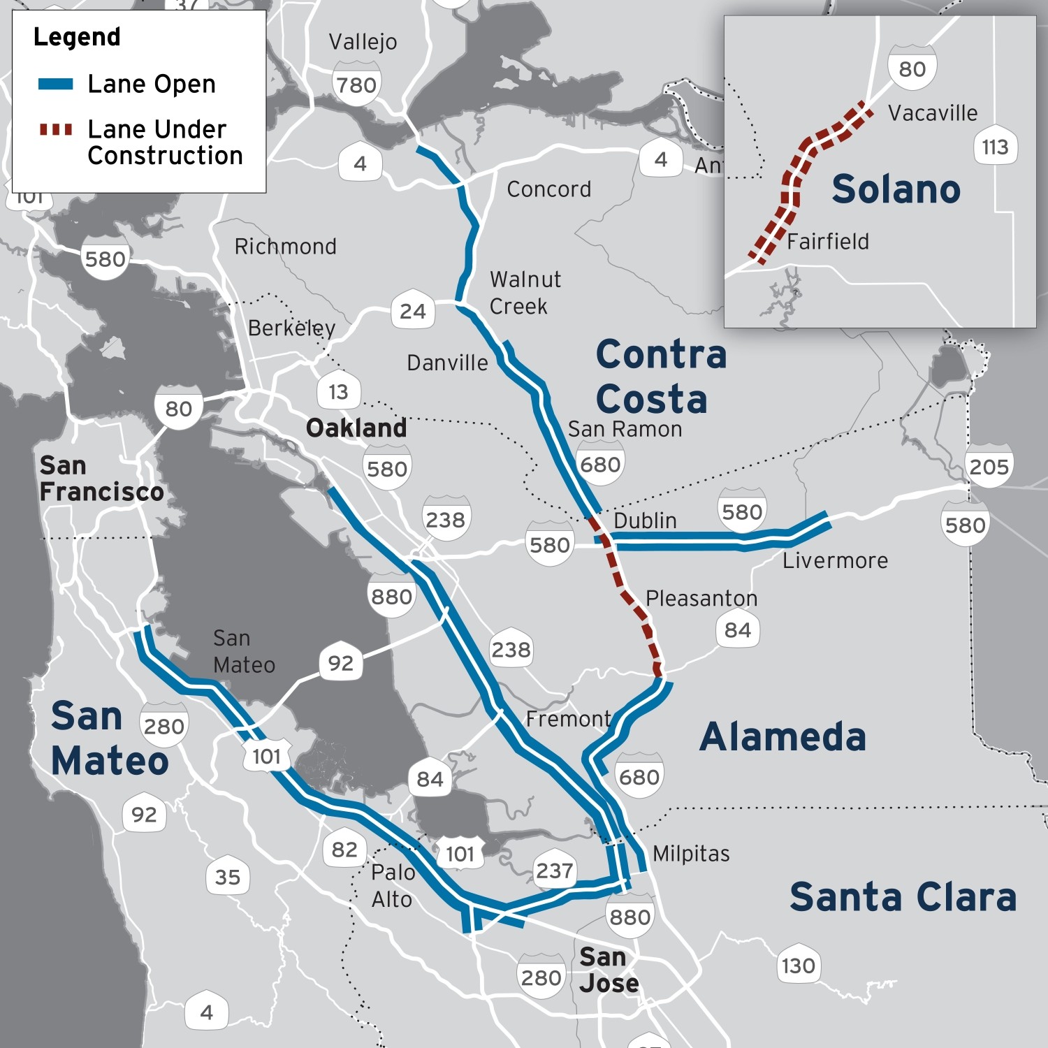A map of the Bay Area's express lanes