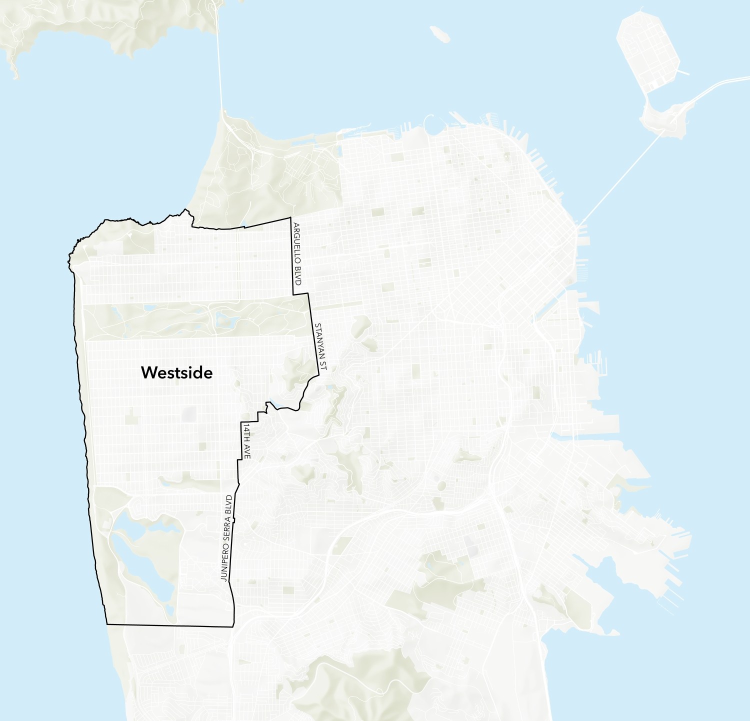 A map of San Francisco with north pointing up. The Westside is indicated with a black border, and extends north-to-south from the Presidio the county line, and west to the ocean. Its eastern boundary runs along Arguello Boulevard, Stanyan Street, 14th Avenue, and Junipero Serra Boulevard.